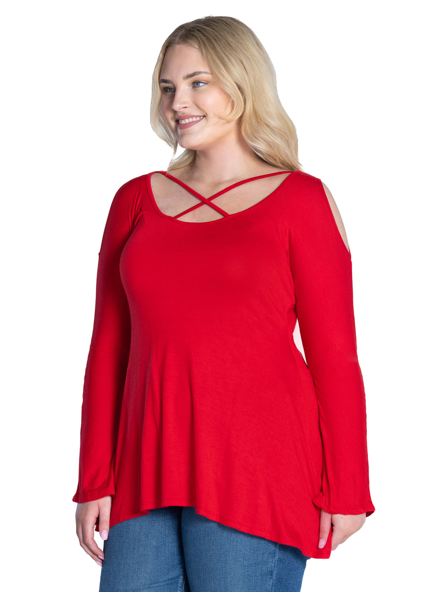 Essential Plus Size Long Sleeve Criss Cross Cold Shoulder Top