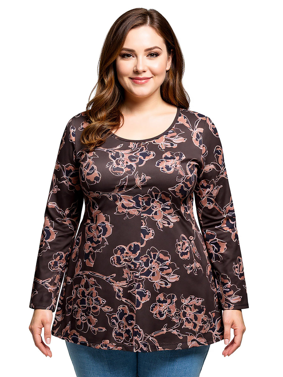 Essential Plus Size Brown Floral Print Long Sleeve Tunic Top