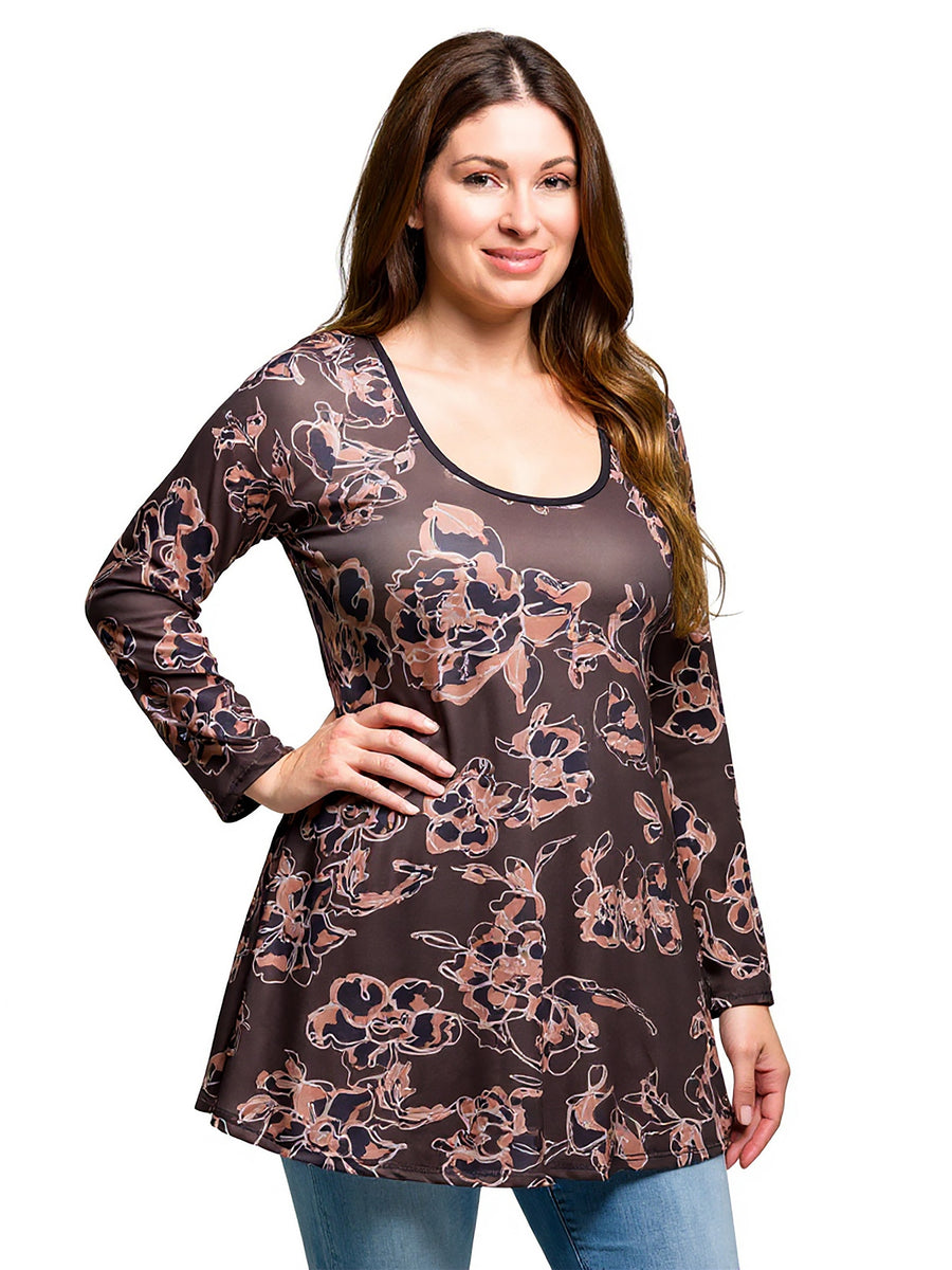 Essential Plus Size Brown Floral Print Long Sleeve Tunic Top