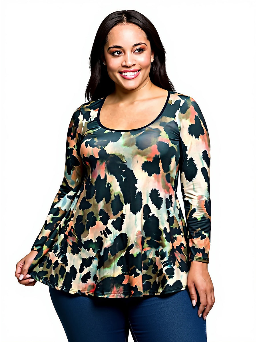 Essential Plus Size Multiprint Long Sleeve Scoop Neck A Line Top