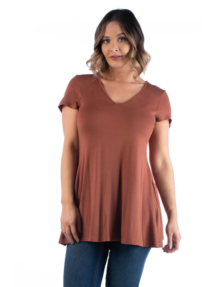 Basic Plus Size Short Sleeve V Neck Tunic T Shirt Top