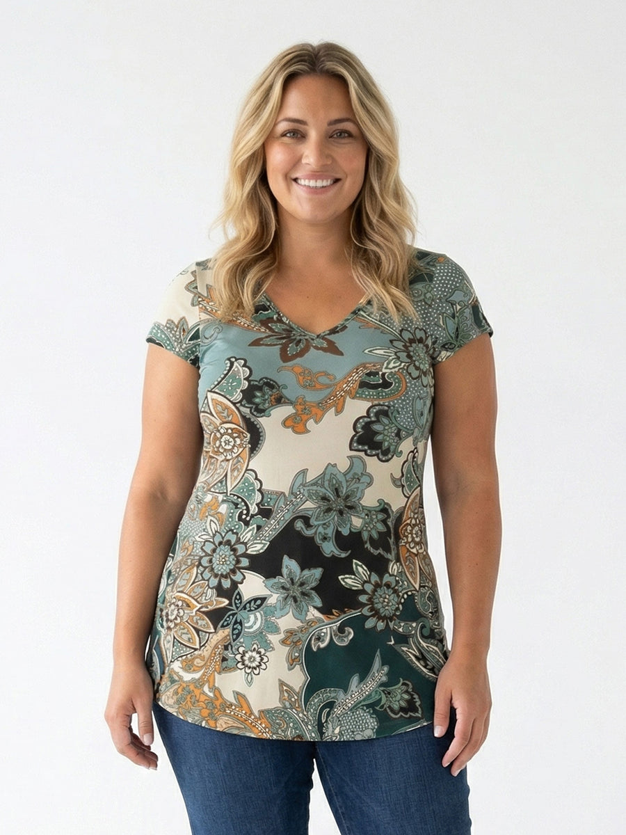 Essential Curvy Floral Print V Neck Short Sleeve Flared Tunic Top