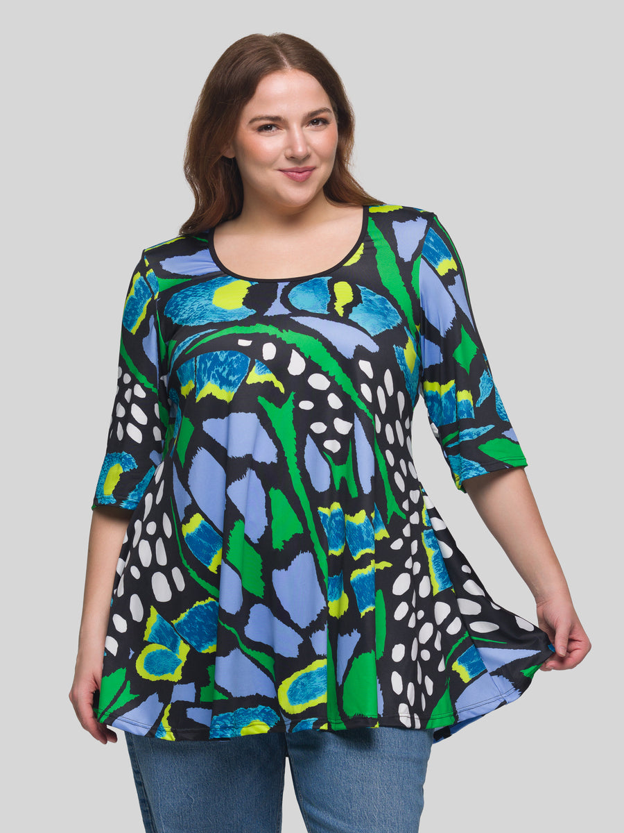 Essential Plus Size Blue Butterfly Print Elbow Sleeve Casual Tunic Top