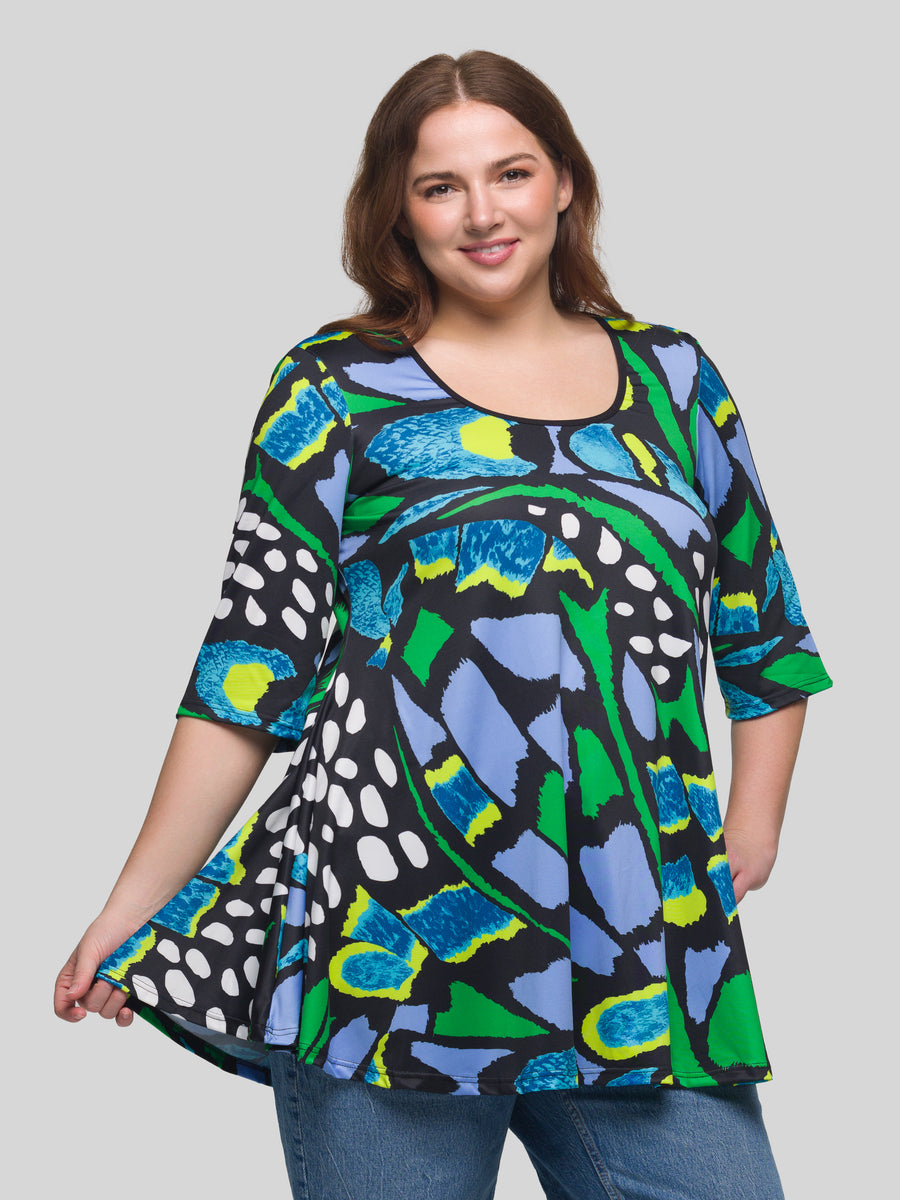 Essential Plus Size Blue Butterfly Print Elbow Sleeve Casual Tunic Top
