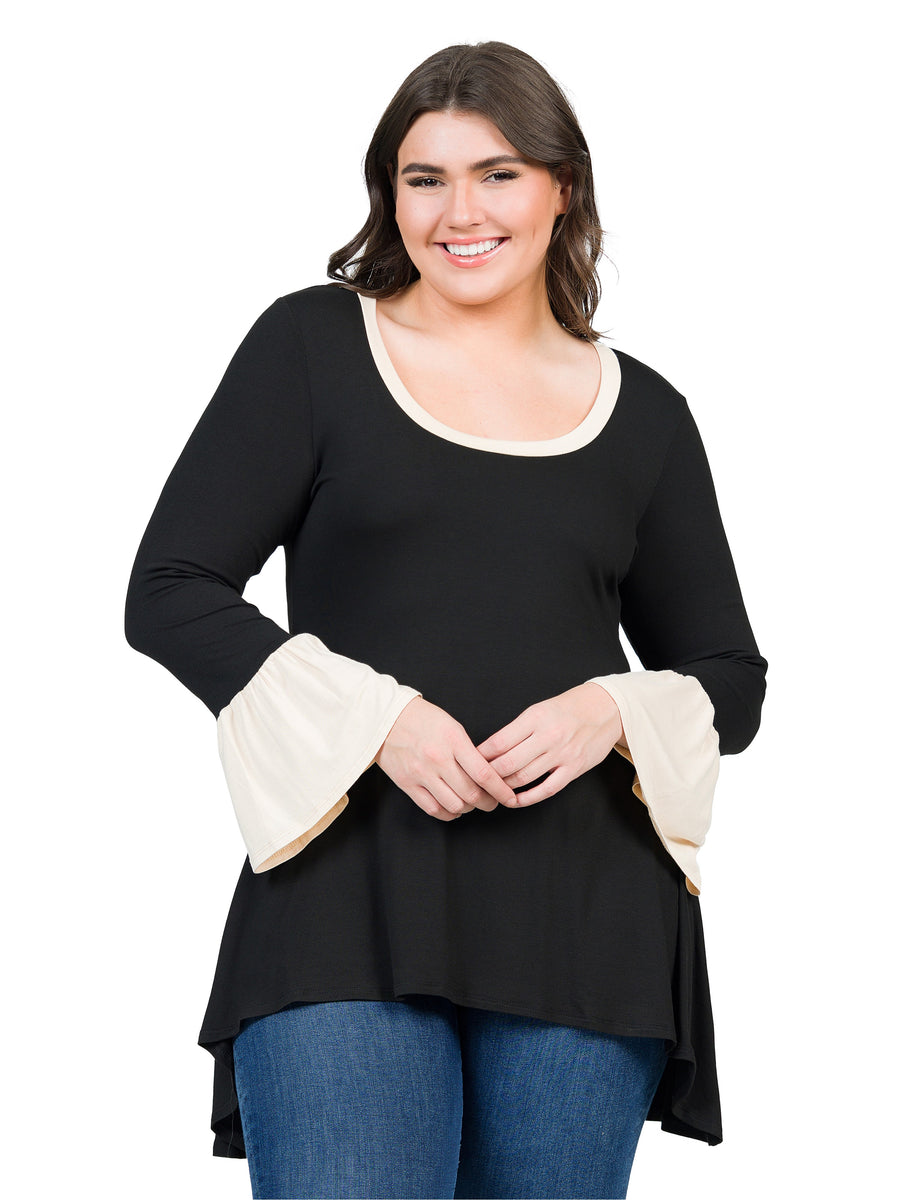 Essential Plus Size Black and Beige Bell Sleeve Hi Low Tunic Top