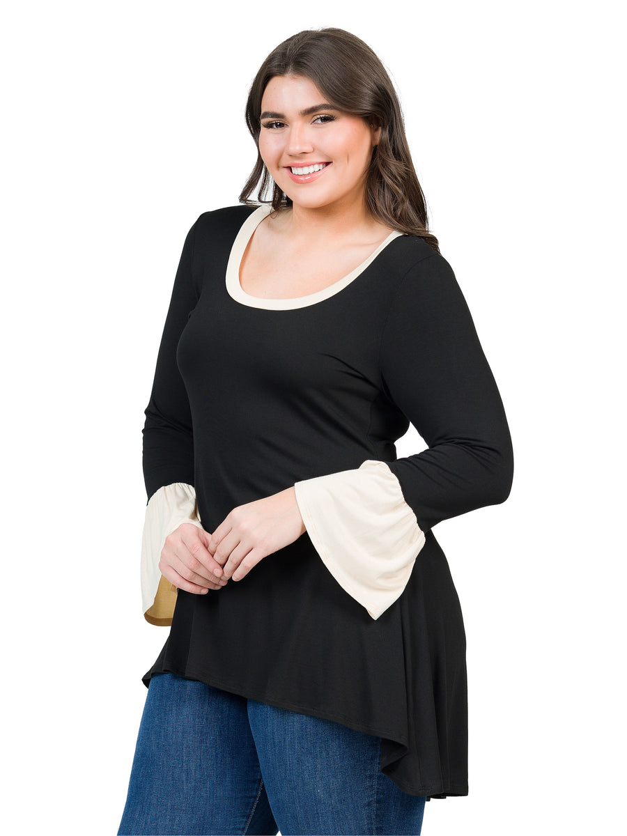 Essential Plus Size Black and Beige Bell Sleeve Hi Low Tunic Top
