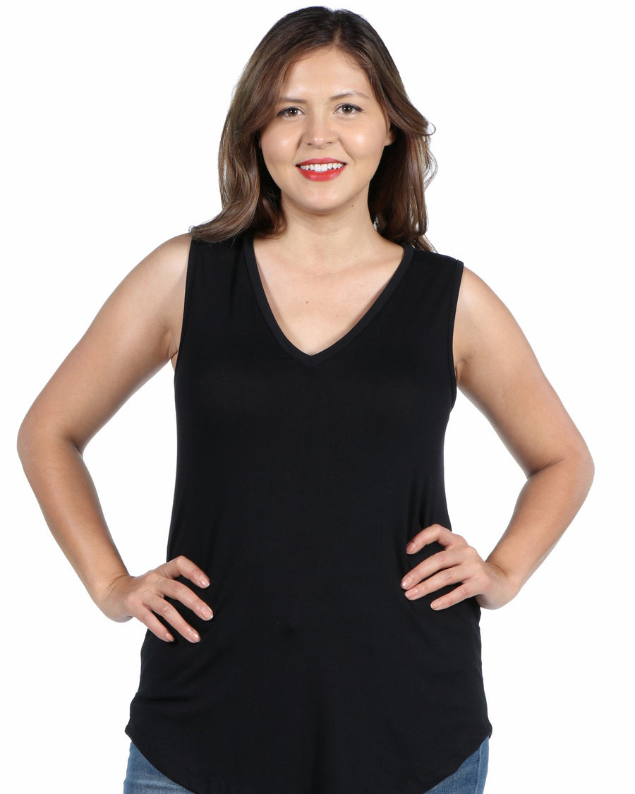 Basic Plus Size V Neck Sleeveless Rounded Hemline Top