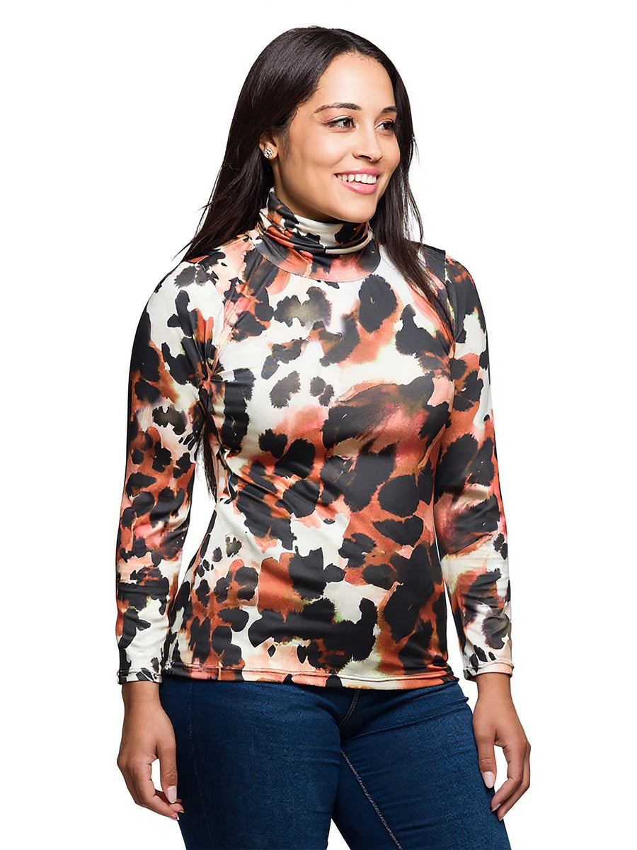 Essential Plus Size Animal Print Long Sleeve Slim Fit Turtleneck Top
