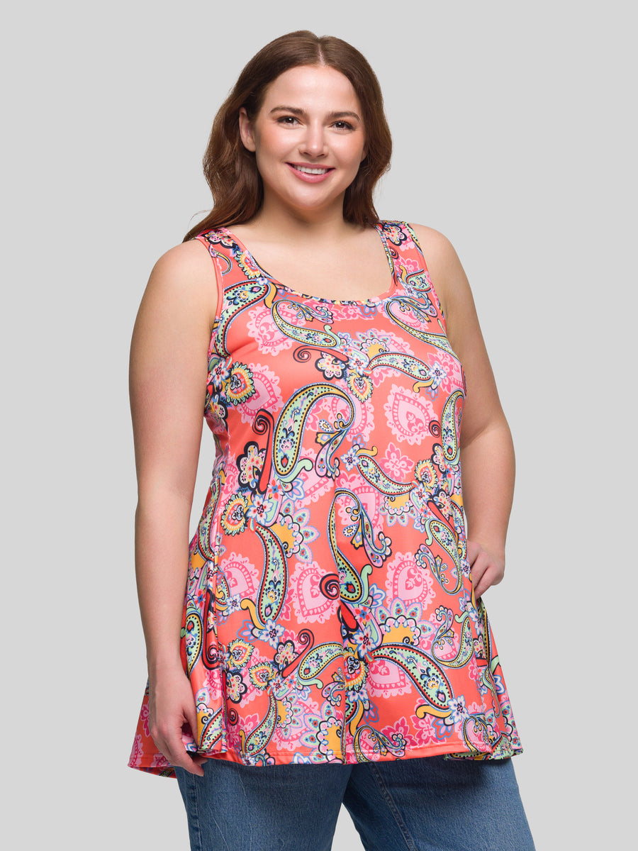 Essential Plus Size Casual Pink Paisley Print Scoop Neck Tank Top