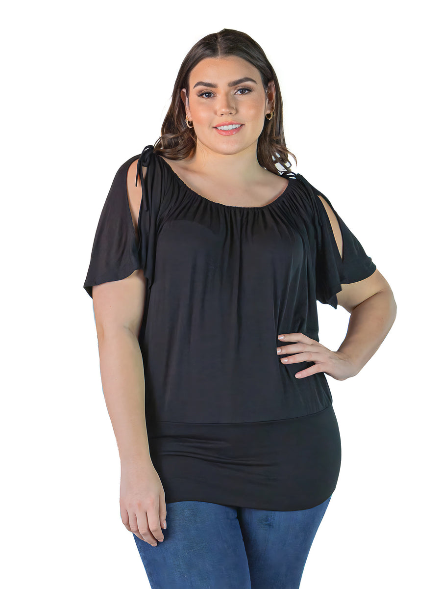 Essential Plus Size  Solid Color Short Sleeve Split Shoulder Top