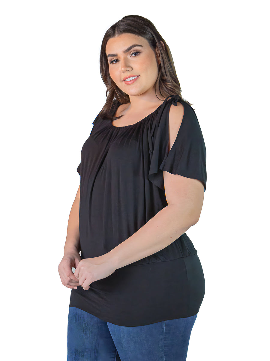 Essential Plus Size  Solid Color Short Sleeve Split Shoulder Top