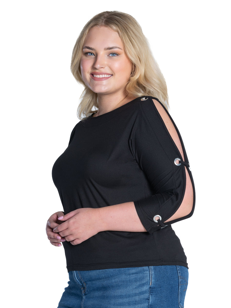 Essential Curvy Three Quarter Sleeve Boat Neck Cold Shoulder Top