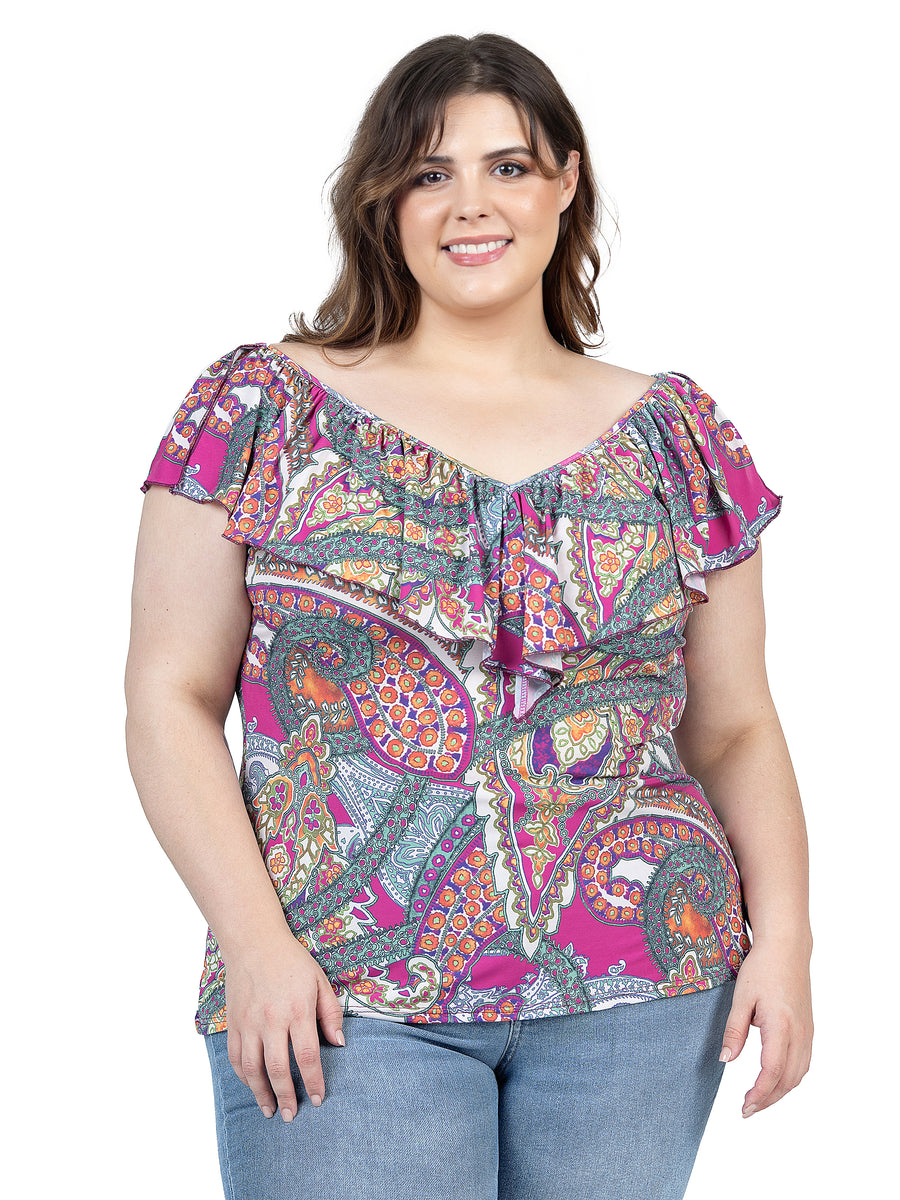 Essential Plus Size Cap Sleeve Pink Paisley Print Ruffle V Neck Top