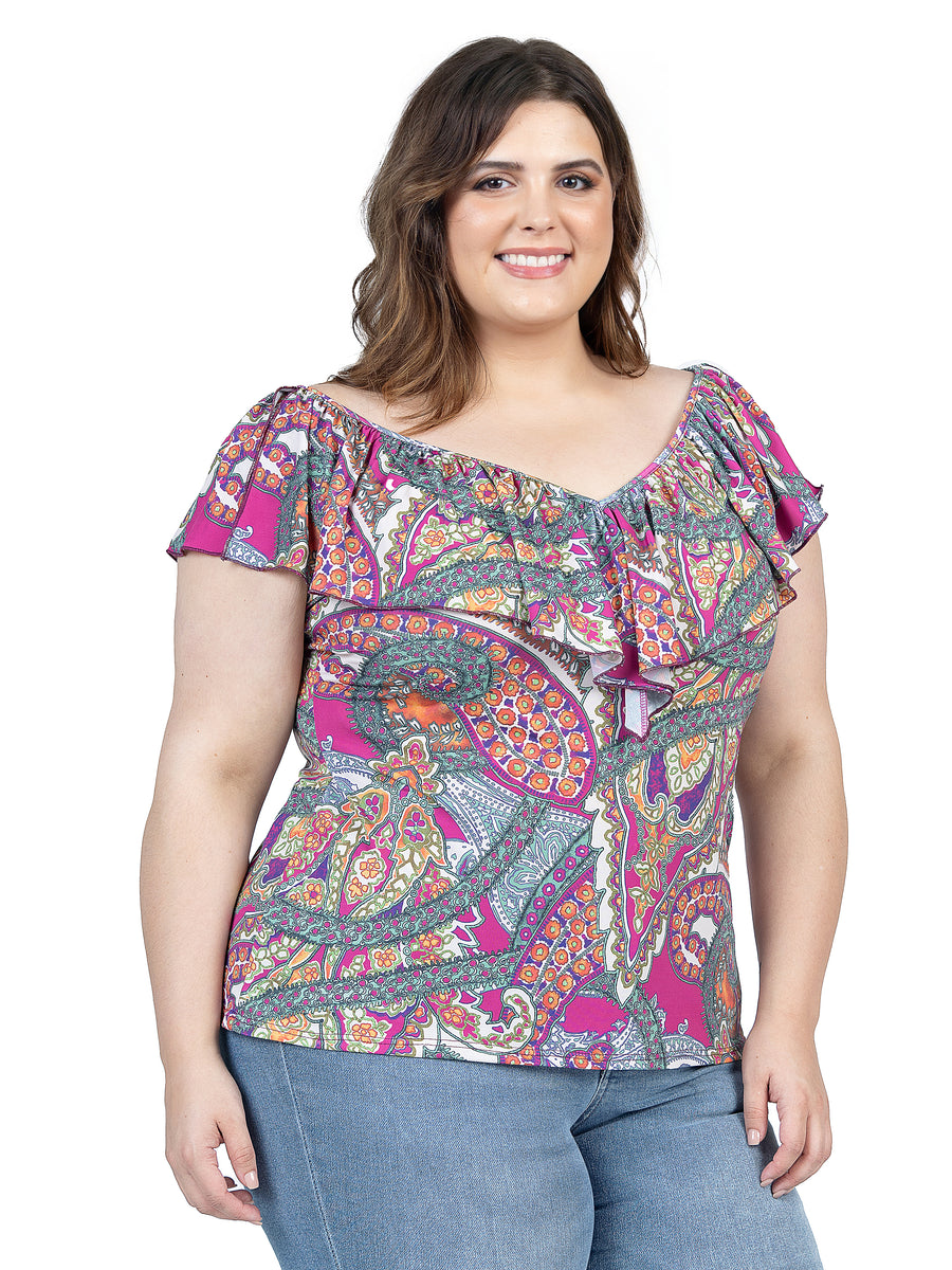 Essential Plus Size Cap Sleeve Pink Paisley Print Ruffle V Neck Top