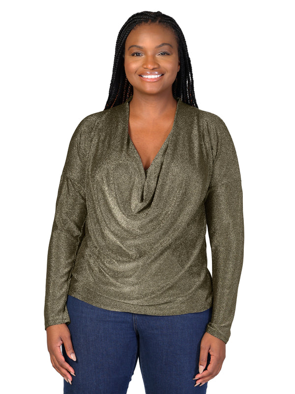 Elevate Plus Size Cowl Neck Long Sleeve Shimmery Fabric Top
