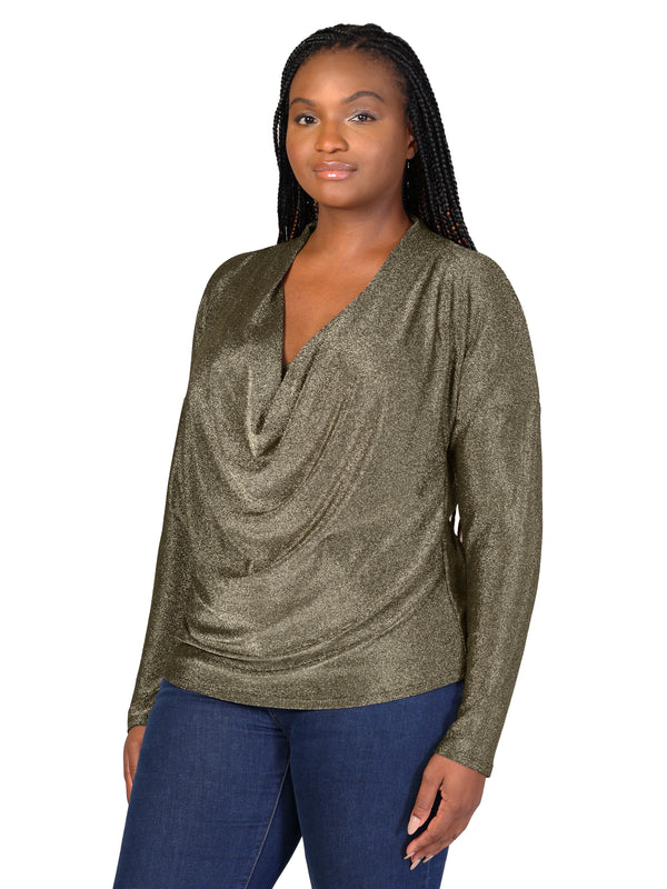 Elevate Plus Size Cowl Neck Long Sleeve Shimmery Fabric Top