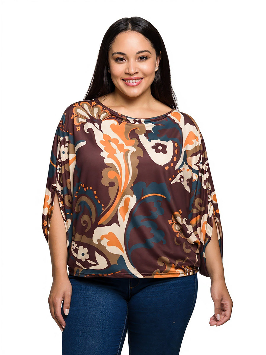 Essential Plus Size Brown Paisley Print Dolman Sleeve Top