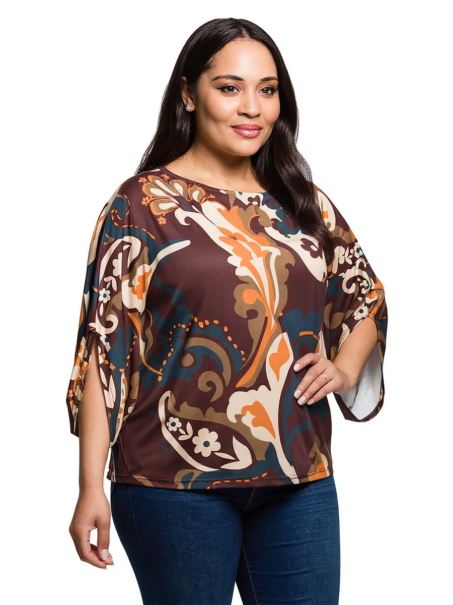 Essential Plus Size Brown Paisley Print Dolman Sleeve Top