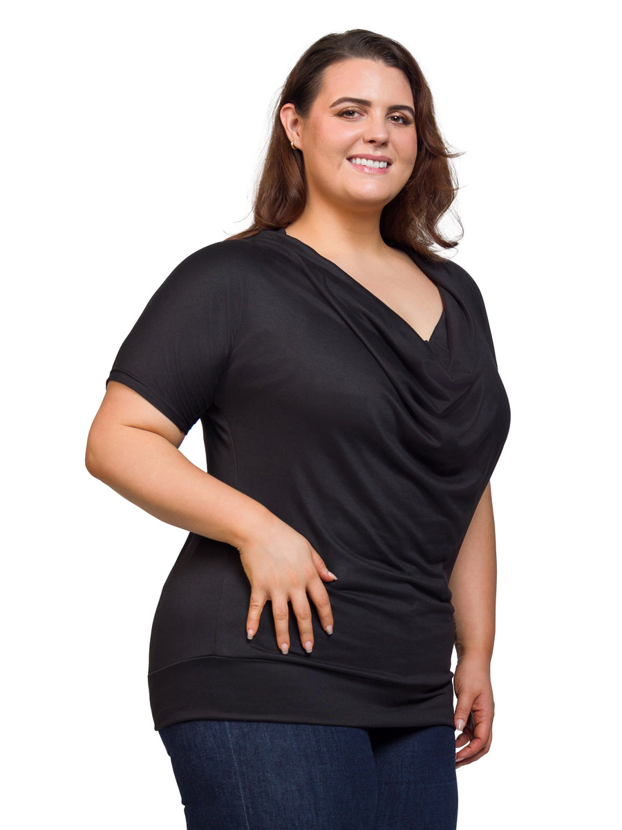 Essential Plus Size Cowl Neck Short Sleeve Banded Bottom Top