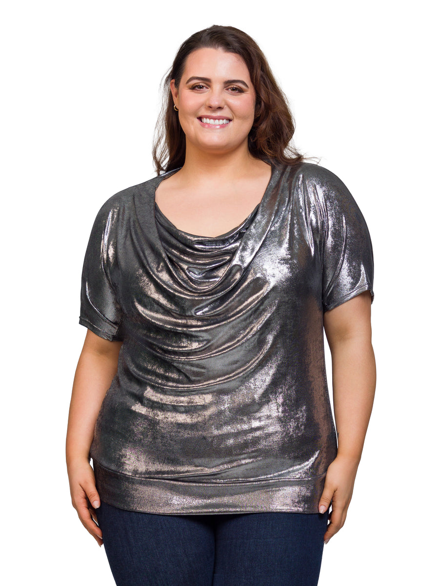 Essential Plus Size Cowl Neck Short Sleeve Banded Bottom Top
