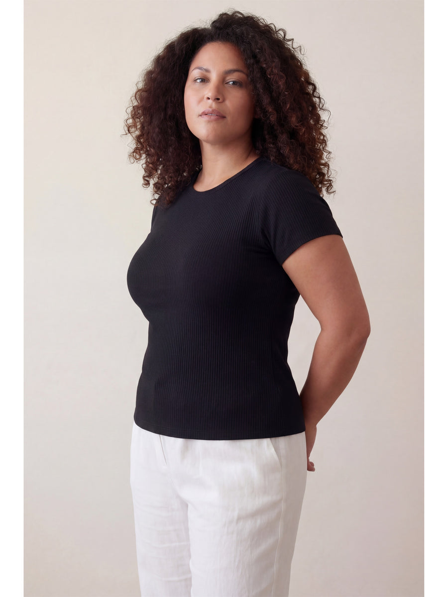 Basic Curvy Ribbed Knit Round Neck Short Sleeve Top