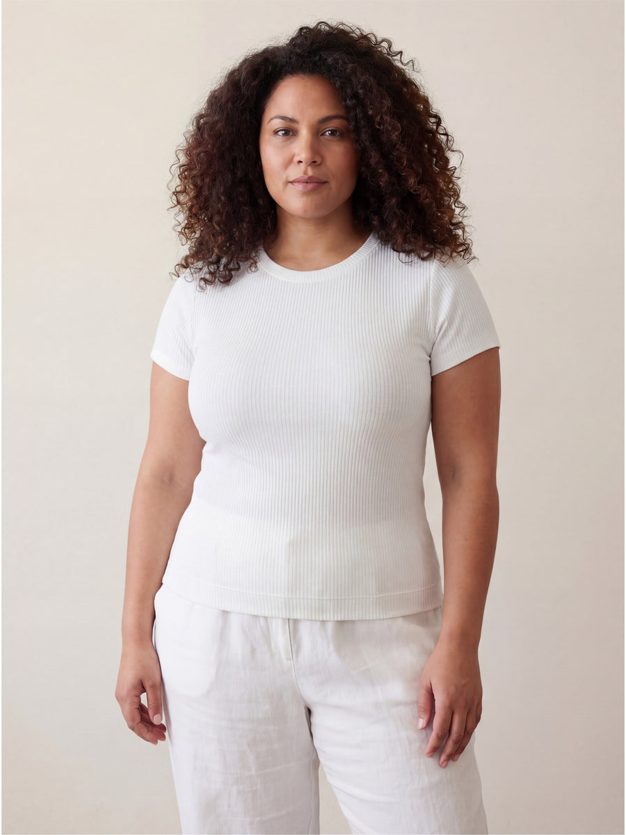 Basic Curvy Ribbed Knit Round Neck Short Sleeve Top