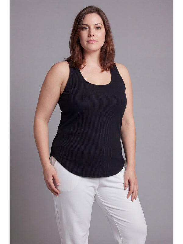 Basic Curvy Ribbed Knit Sleeveless Scoop Neck Long Flared Tank Top