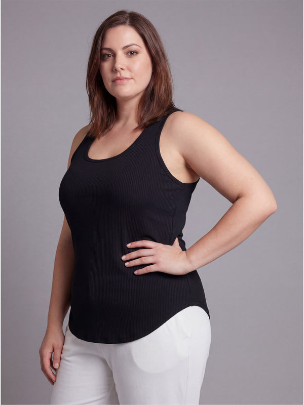 Basic Curvy Ribbed Knit Sleeveless Scoop Neck Long Flared Tank Top