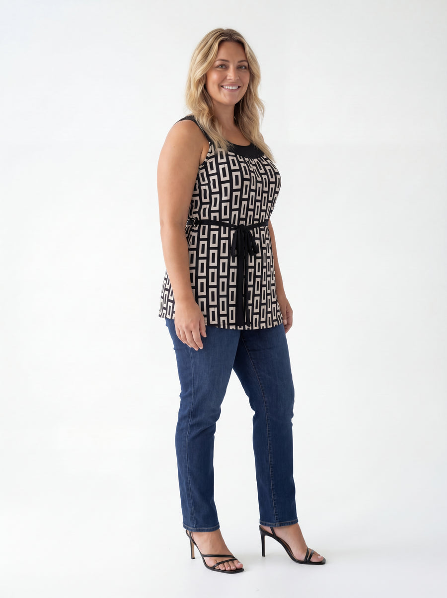 Essential Curvy Geometric Print Round Neck Sleeveless Waist Tie Top