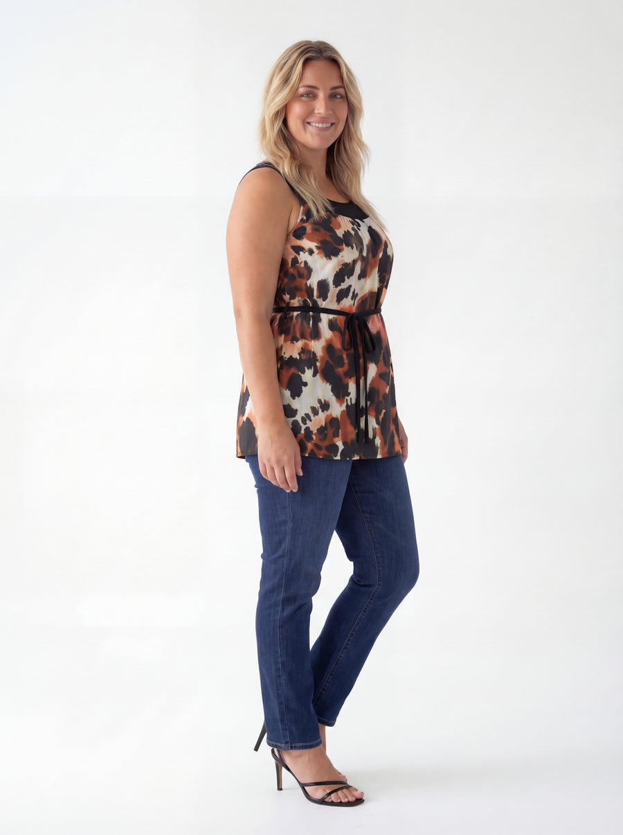 Essential Curvy Cheetah Print Round Neck Sleeveless Waist Tie Top