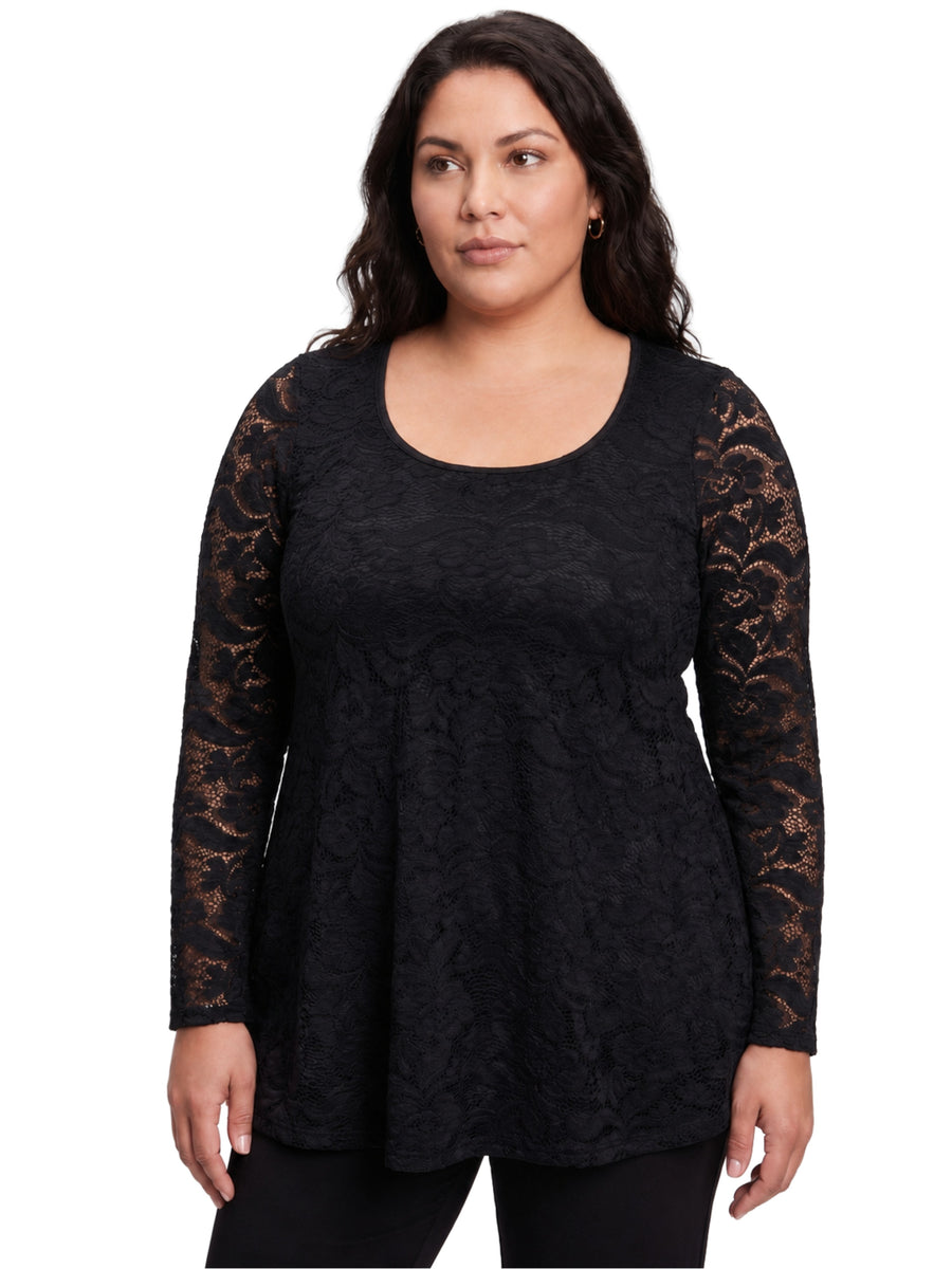 24seven Comfort Elevate Curvy Lace Long Sleeve Scoop Neck Tunic Top