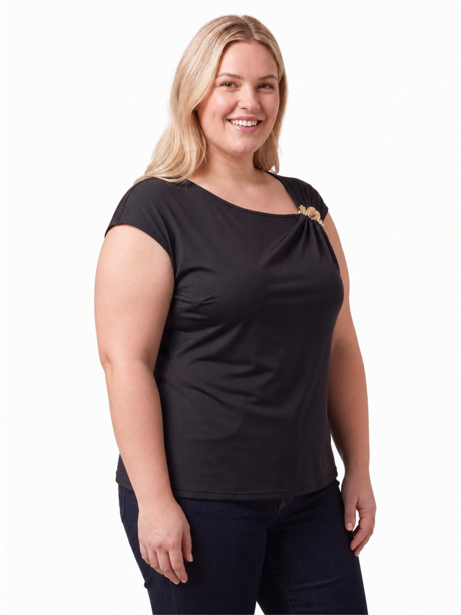 24seven Comfort Elevate Curvy Cap Sleeve Asymmetrical Boat Neck With Gold Shoulder Brooch Top
