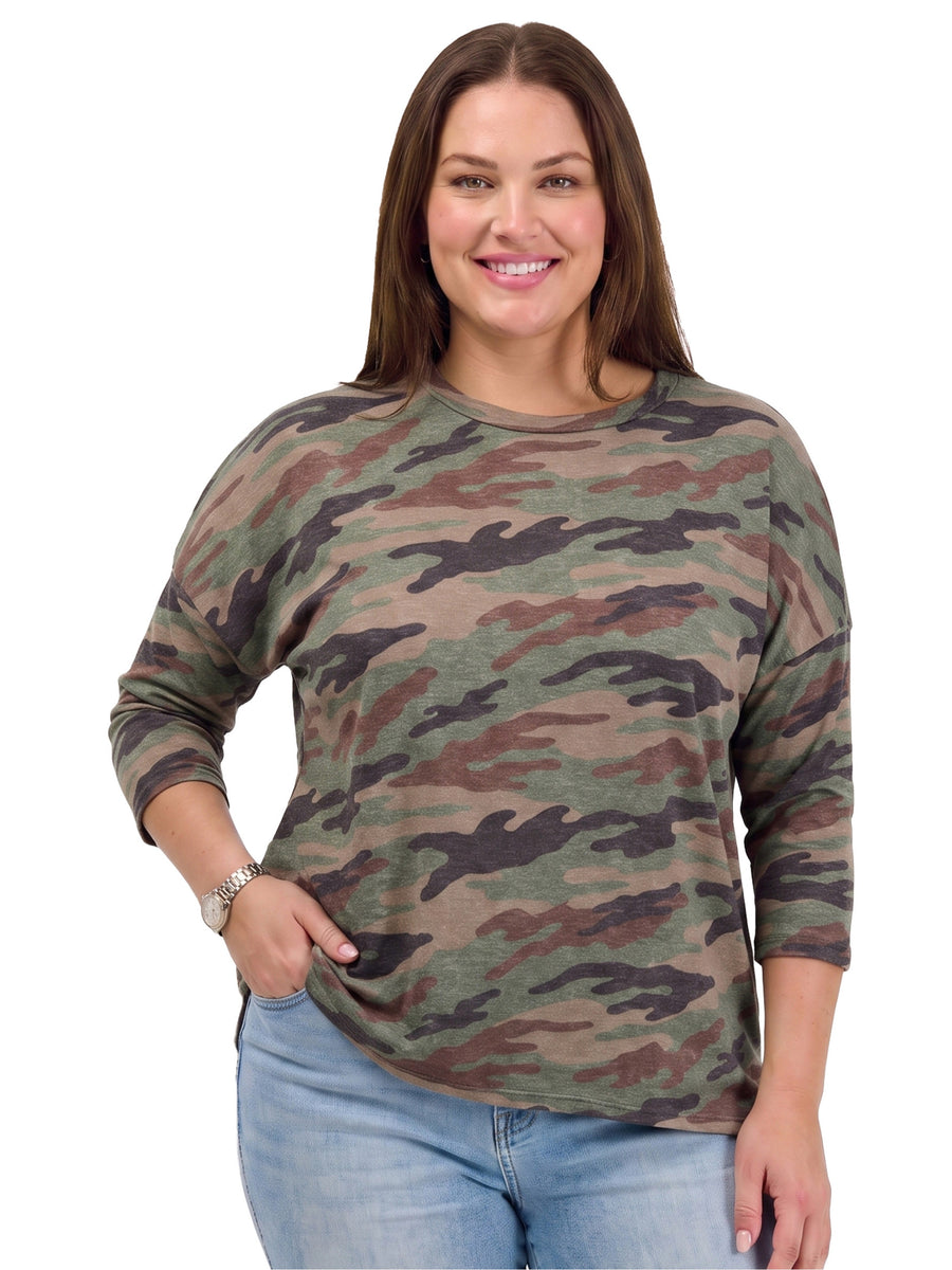 24seven Comfort Essential Curvy Soft Stretch Camouflage Print Three-Quarter Sleeve Top