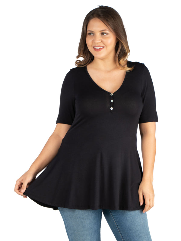 Basic Plus Size Elbow Sleeve Henley Tunic Top