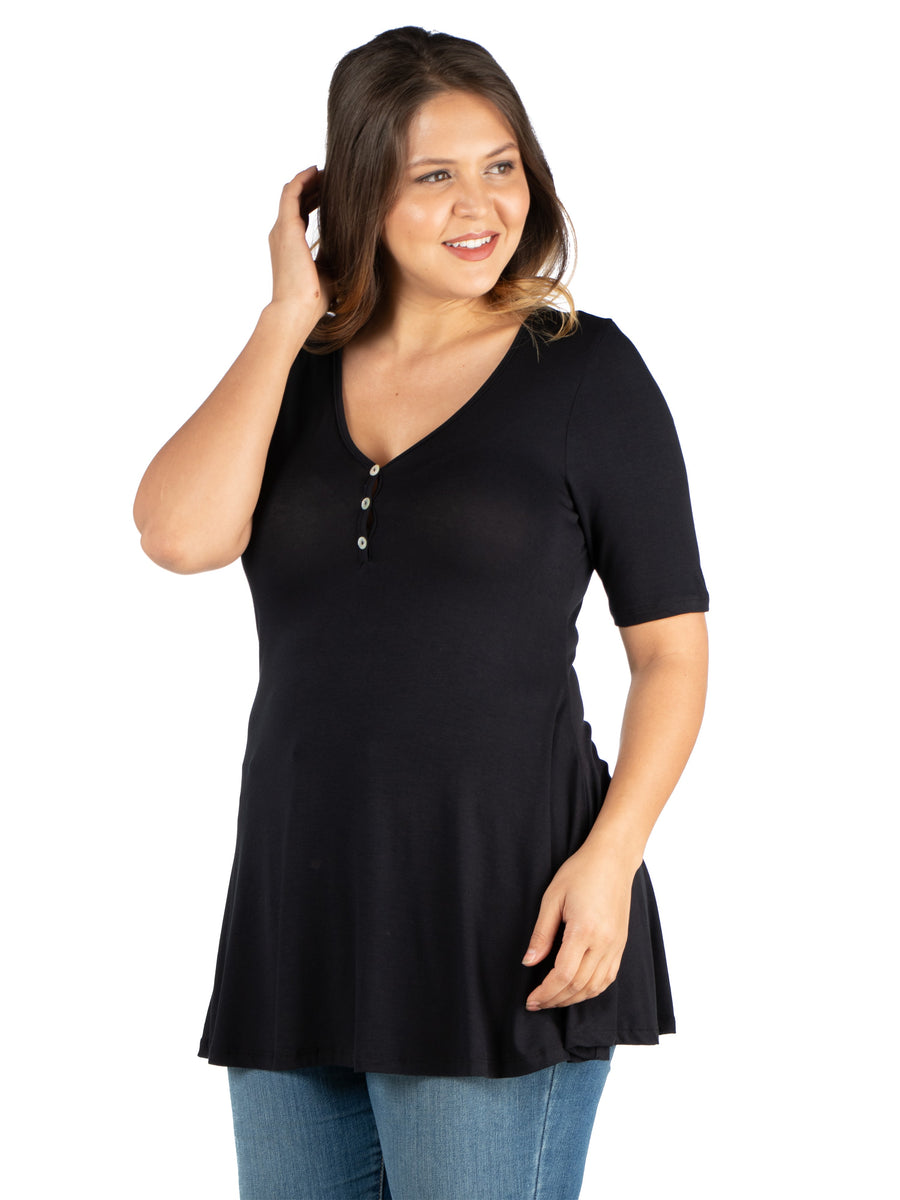 Basic Plus Size Elbow Sleeve Henley Tunic Top
