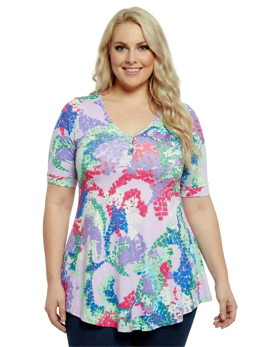 Essential Plus Size Abstract V-Neck Elbow Sleeve Henley Tunic Top