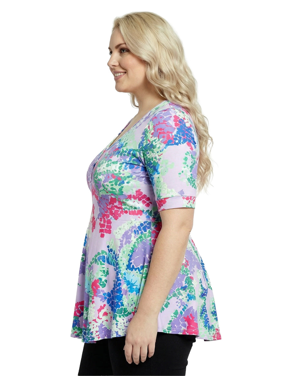 Essential Plus Size Abstract V-Neck Elbow Sleeve Henley Tunic Top