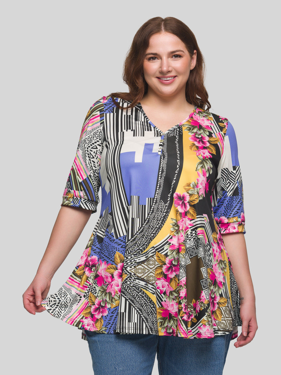 Essential Curvy Floral Elbow Sleeve V Neck Henley Tunic Top