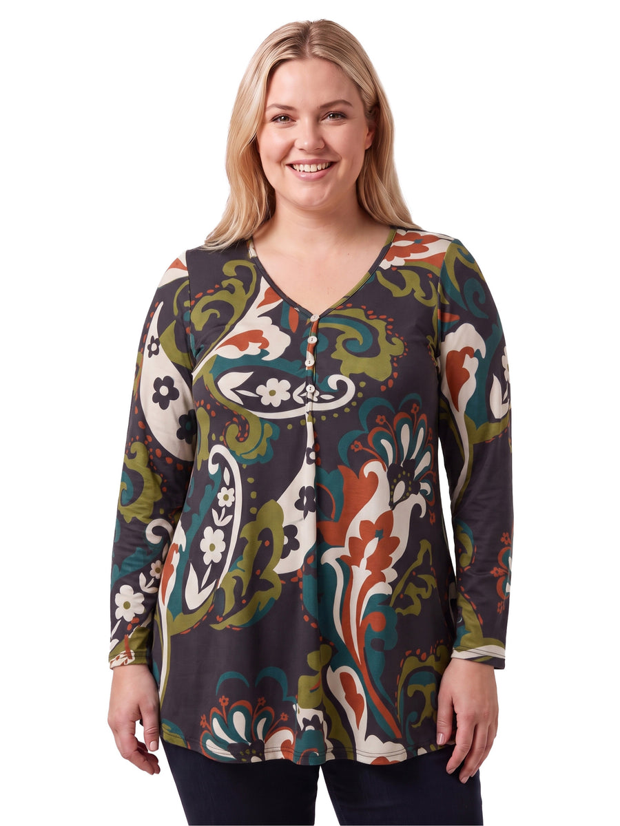 24seven Comfort Essential Curvy Paisley Floral Flared Long Sleeve Henley Tunic Top