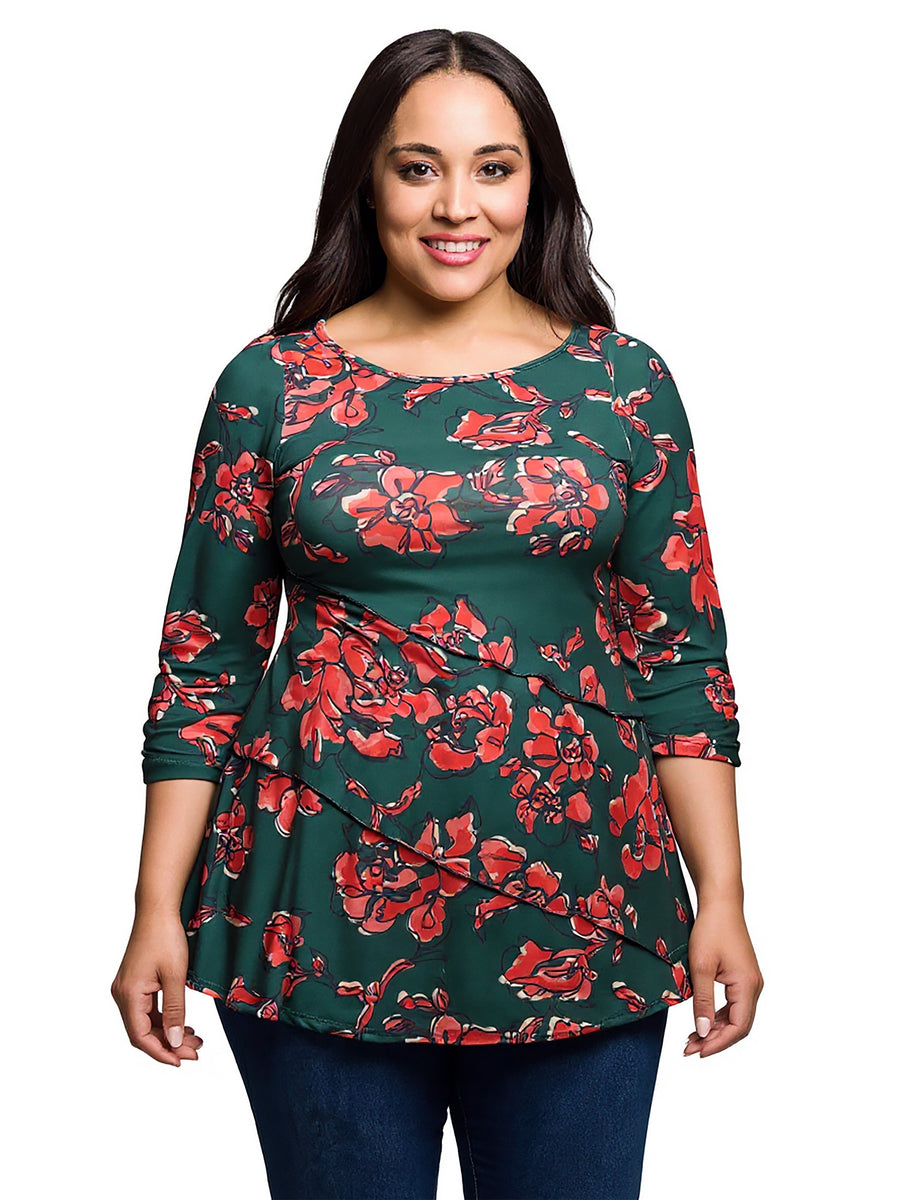Essential Plus Size Green Floral Print Three Quarter Sleeve Tunic Top