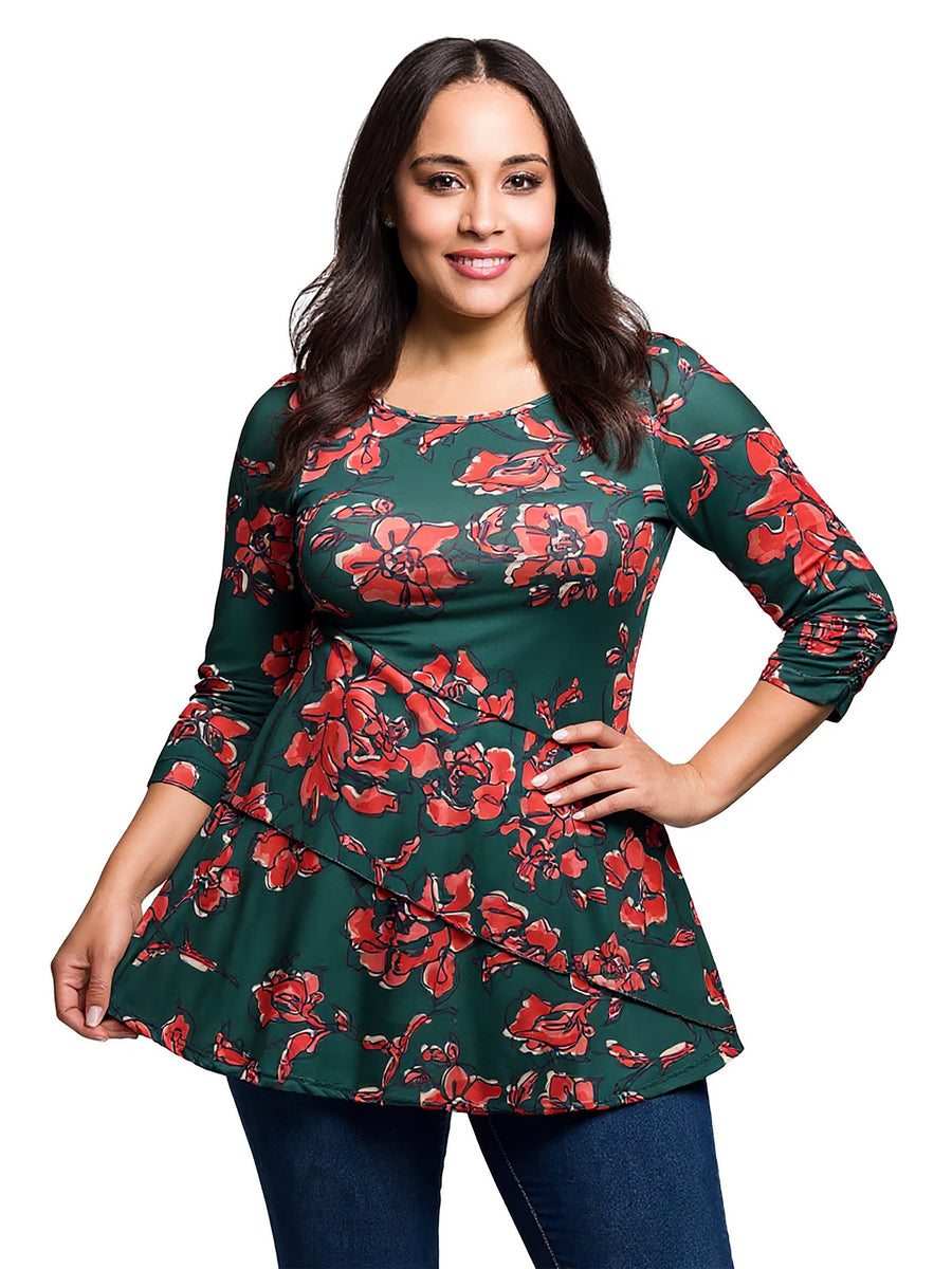 Essential Plus Size Green Floral Print Three Quarter Sleeve Tunic Top