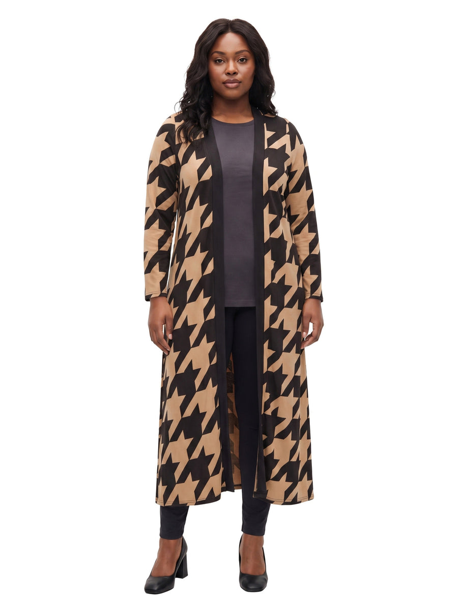 24seven Comfort Essential Curvy Geometric Houndstooth Open Front Soft Stretch Long Cardigan