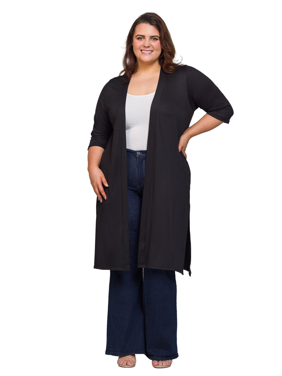 Essential Plus Size Open Front Knee Length Side Slit Duster Jacket