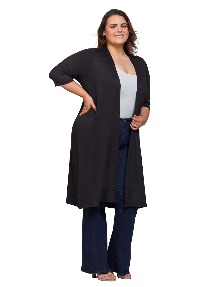Essential Plus Size Open Front Knee Length Side Slit Duster Jacket