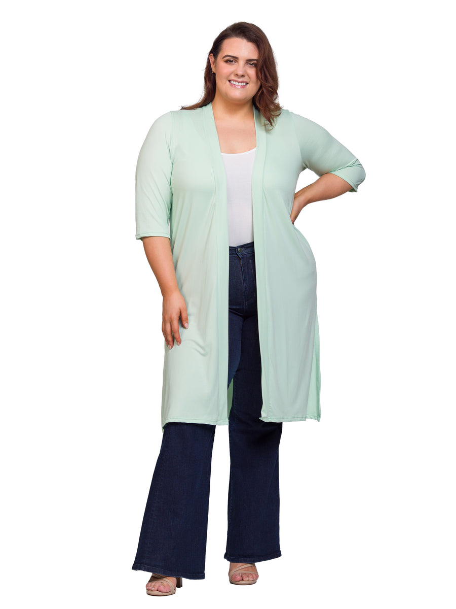 Essential Plus Size Open Front Knee Length Side Slit Duster Jacket
