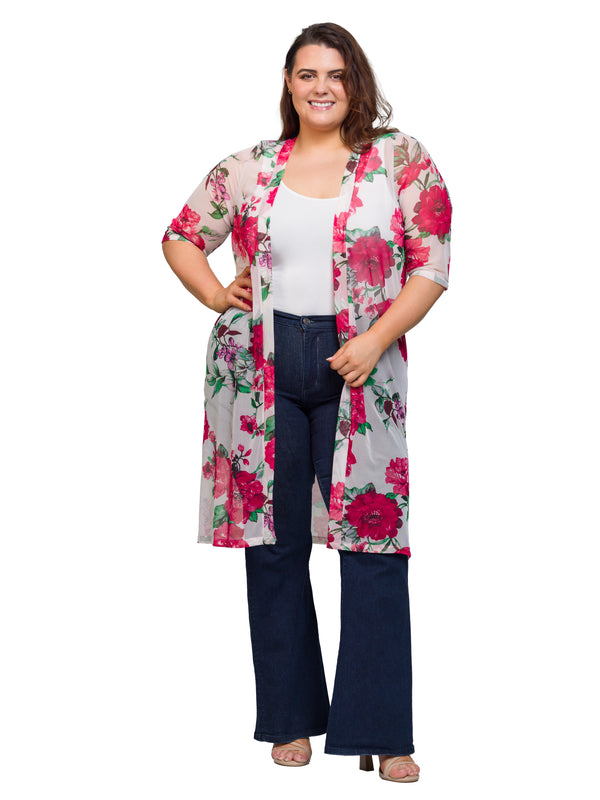 Essential Curvy Floral Open Front Knee Length Duster Jacket
