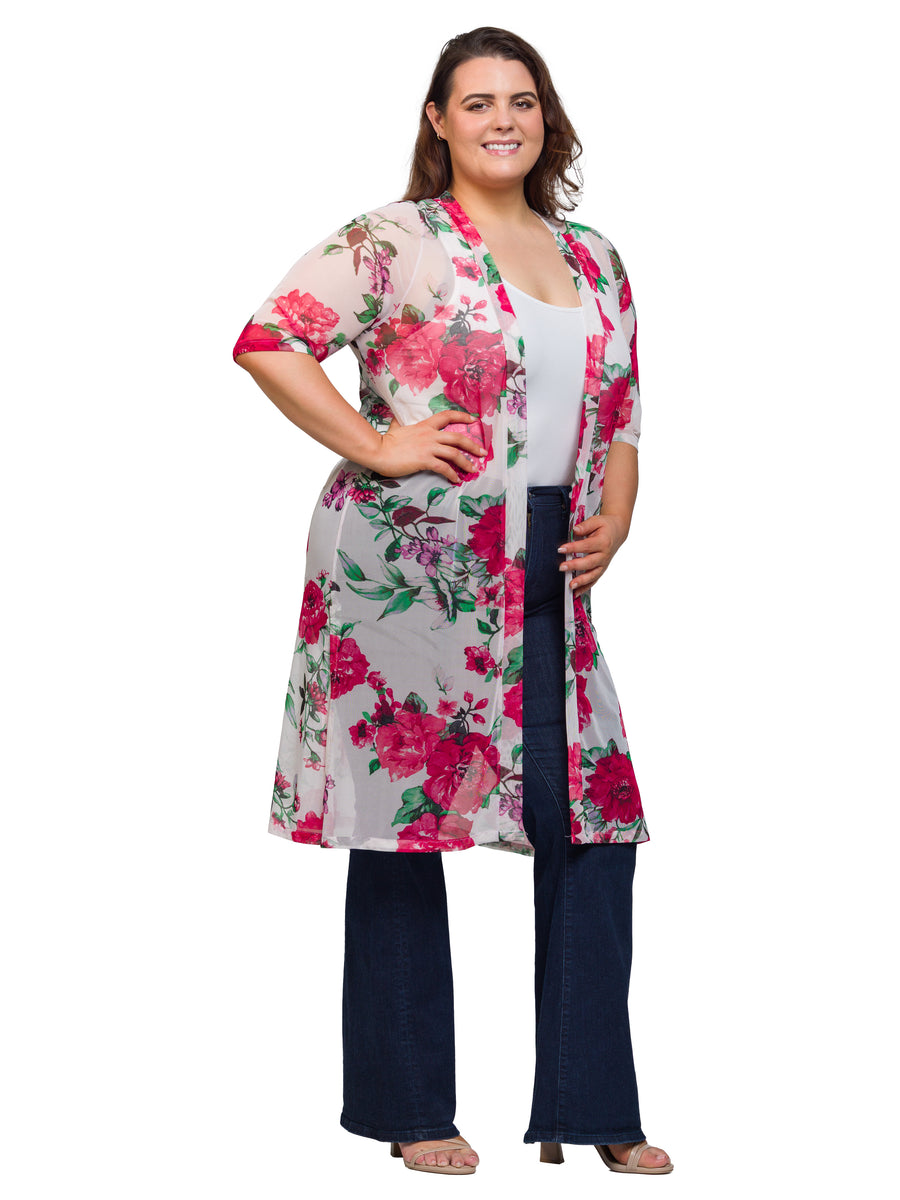 Essential Curvy Floral Open Front Knee Length Duster Jacket