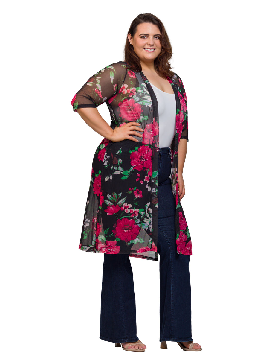 Essential Plus Size Sheer Floral Open Front Knee Length Duster Jacket