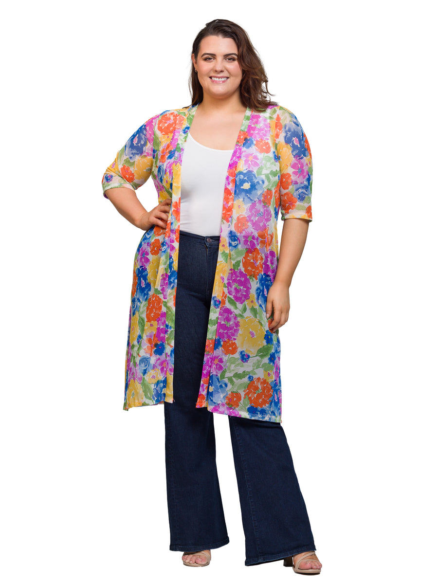 Essential Curvy Floral Sheer Open Front Knee Length Duster Jacket