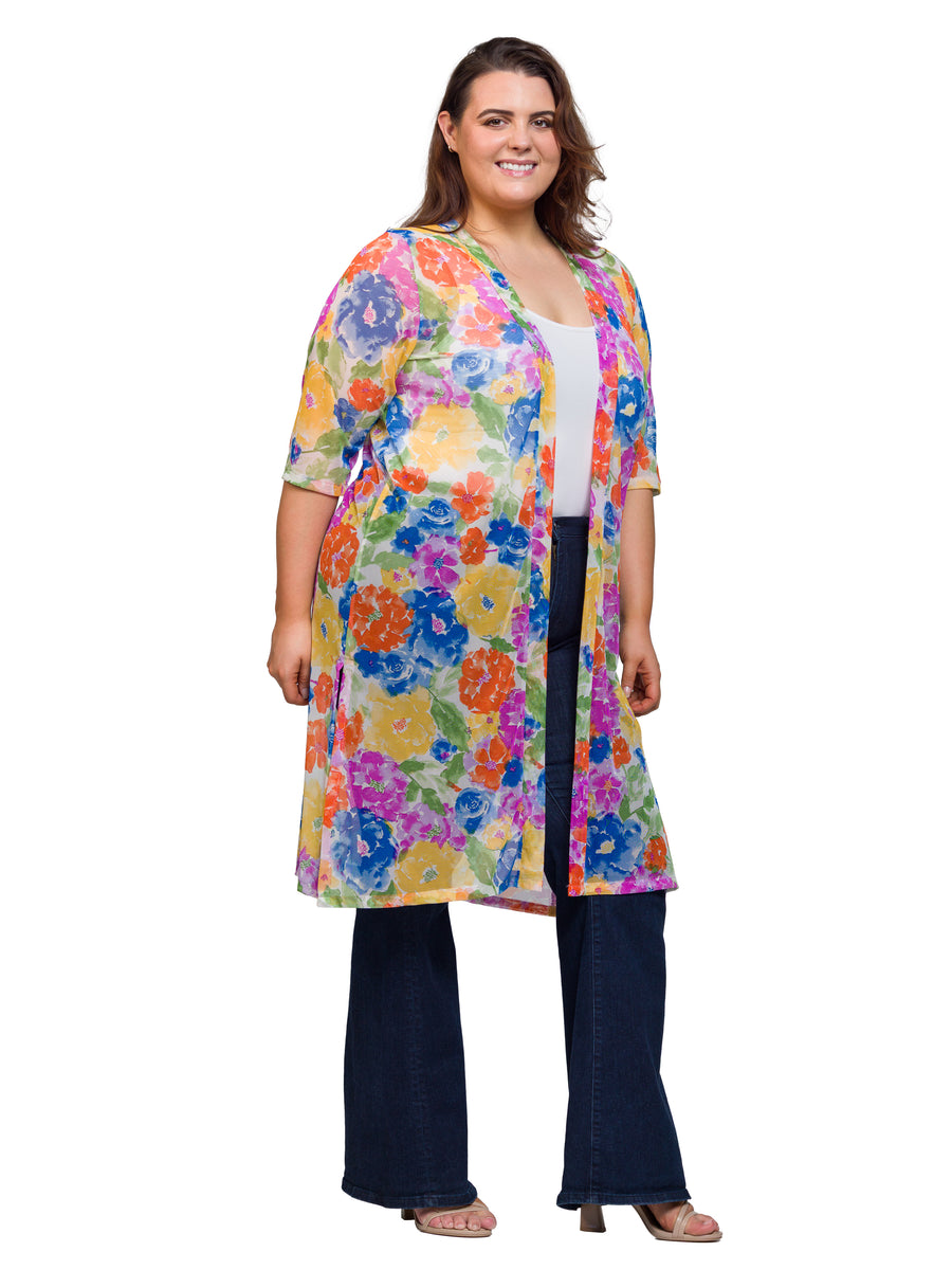 Essential Curvy Floral Sheer Open Front Knee Length Duster Jacket
